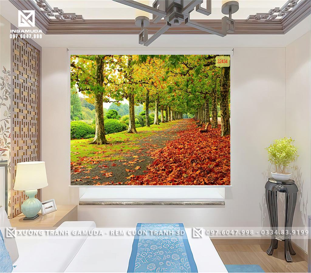  Rèm Cuốn In Tranh 3D Con Đường Mùa Thu Lá Vàng Yên Tĩnh Không Gian Chiều Sâu Thư Thái Cho Phòng Ngủ