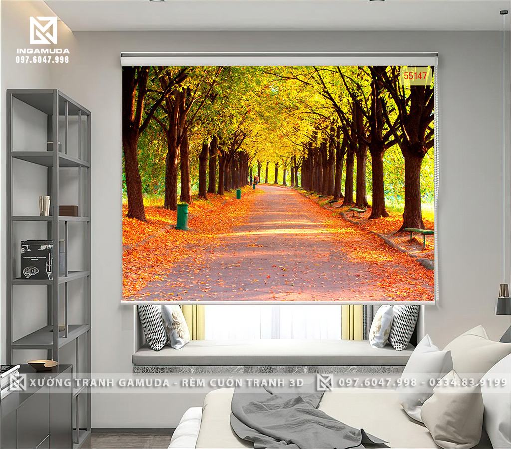 Rèm Cuốn Tranh 3D Những Cung Đường Mua Thu Có Lá Vàng Rơi Đẹp Nhất - Rèm Cuốn Tranh 3D Gamuda 