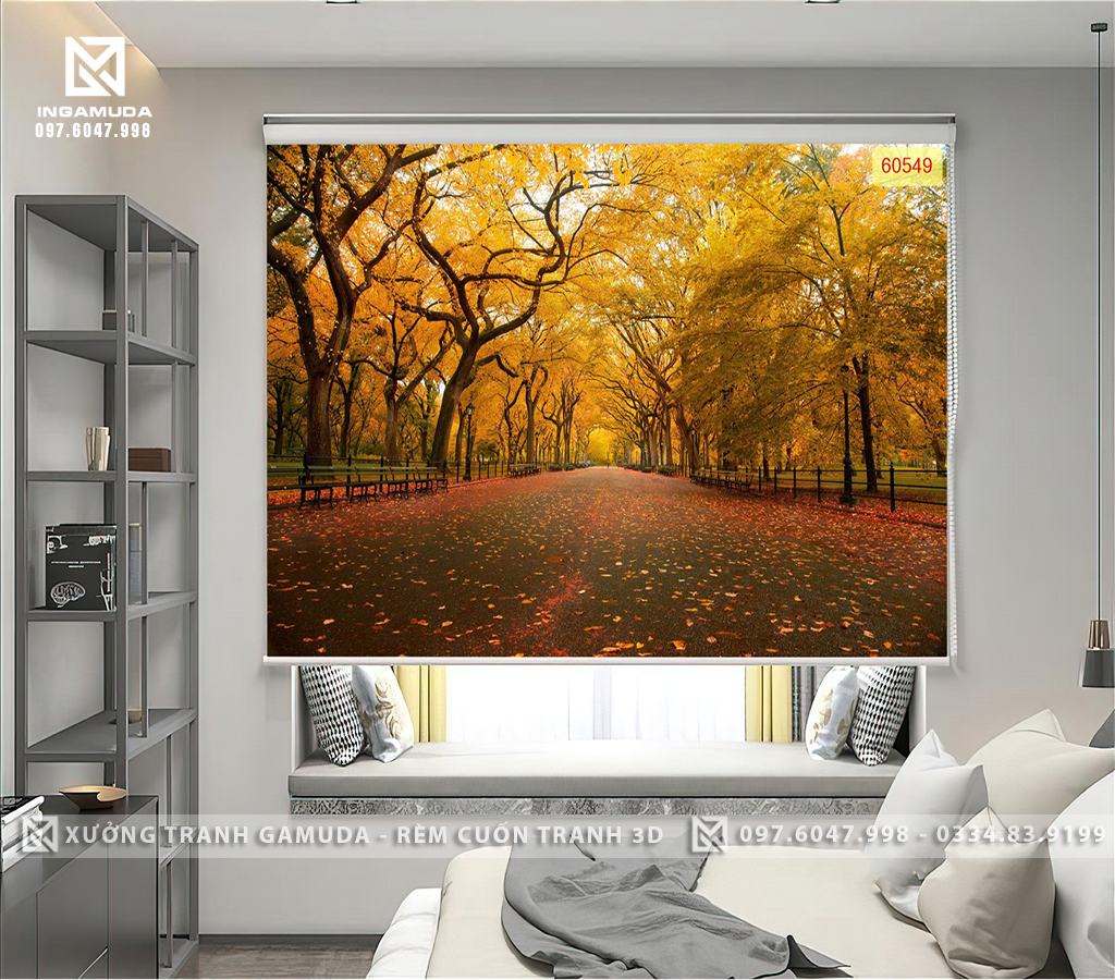 Rèm In Tranh 3D In Hình Cung Đường Lá Vàng Rơi Báo Hiệu Mùa Thu Đã Về - Xưởng Rèm Cuốn Tranh 3D Gamuda