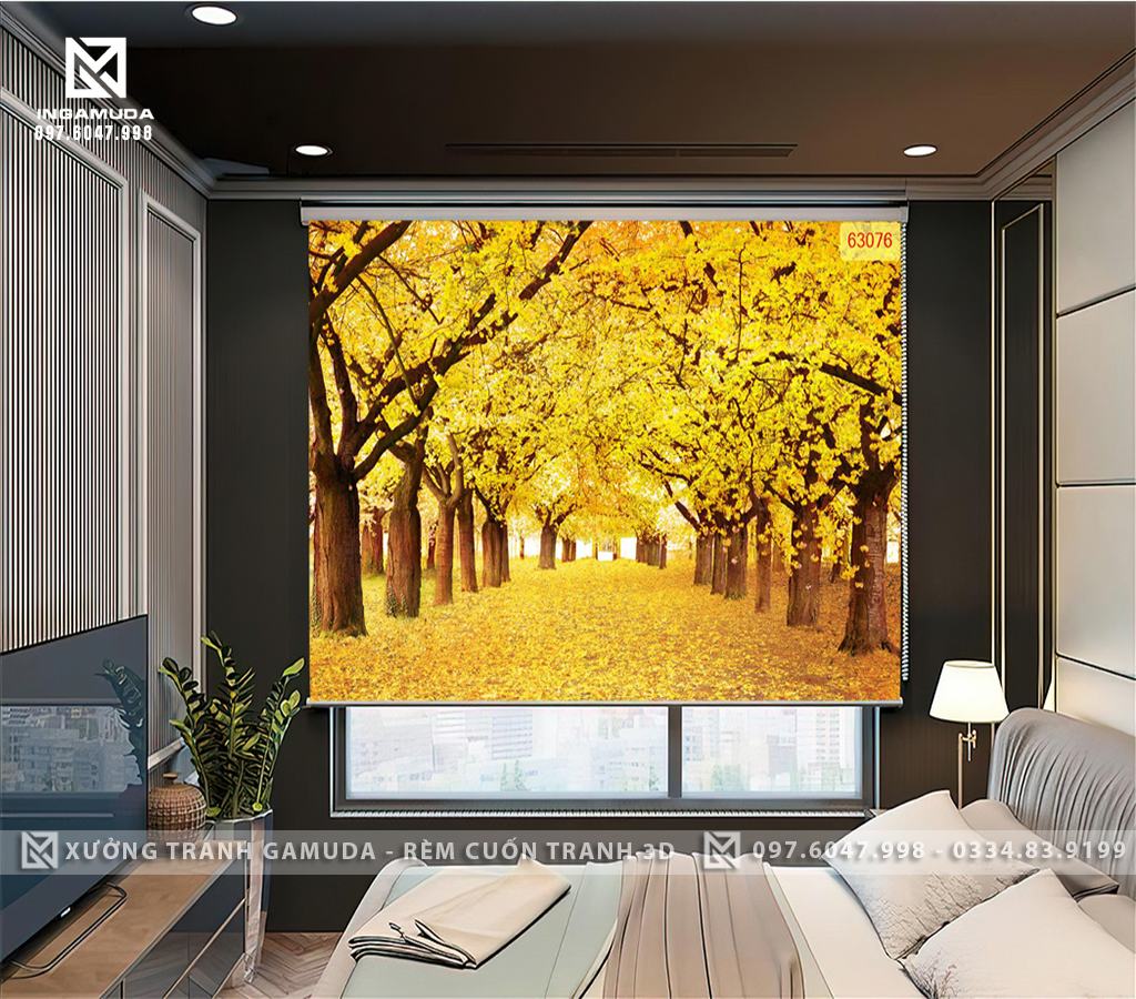 Rèm In Tranh 3D In Hình Cung Đường Lá Vàng Rơi Báo Hiệu Mùa Thu Đã Về - Xưởng Rèm Cuốn Tranh 3D Gamuda 