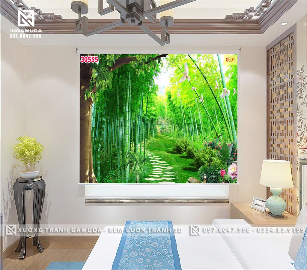 Rèm Cuốn Tranh 3D Màu Xanh Tươi Mát Có Hàng Cây Trúc Bên Trên Bầu Trời Là Đàn Bồ Câu Đang Bay Lượn