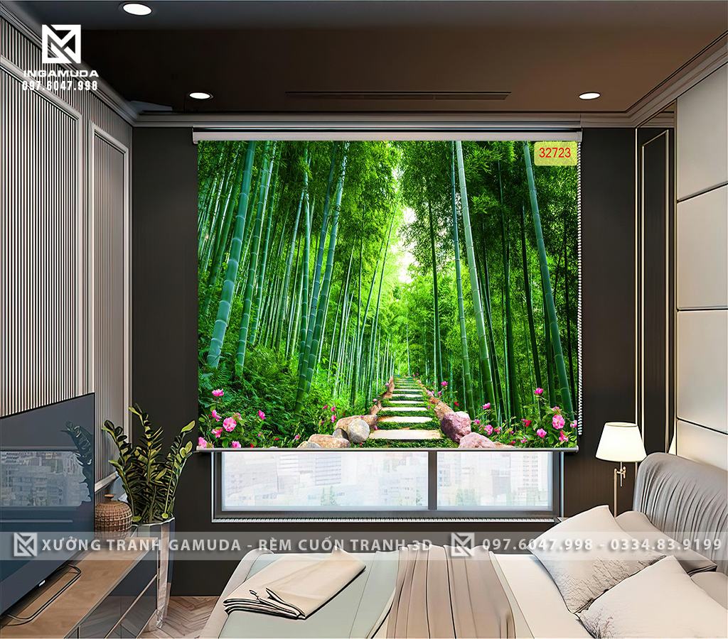 Rèm Cuốn Tranh 3D Màu Xanh Tươi Mát Có Hàng Cây Trúc - Xưởng Rèm Cuốn Tranh 3D Gamuda