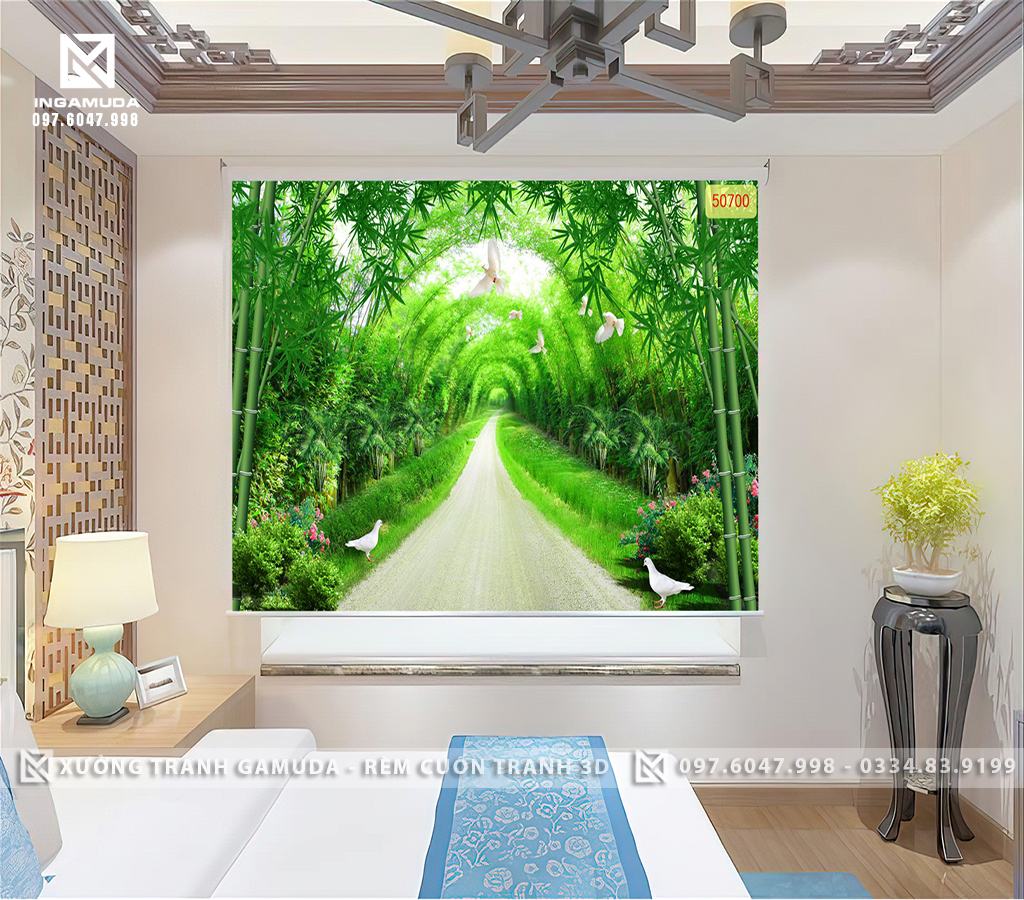 Rèm Cuốn Tranh 3D Màu Xanh Tươi Mát Có Hàng Cây Trúc Bên Trên Bầu Trời Là Đàn Bồ Câu Đang Bay Lượn - Xưởng Rèm Cuốn Tranh 3D Gamuda