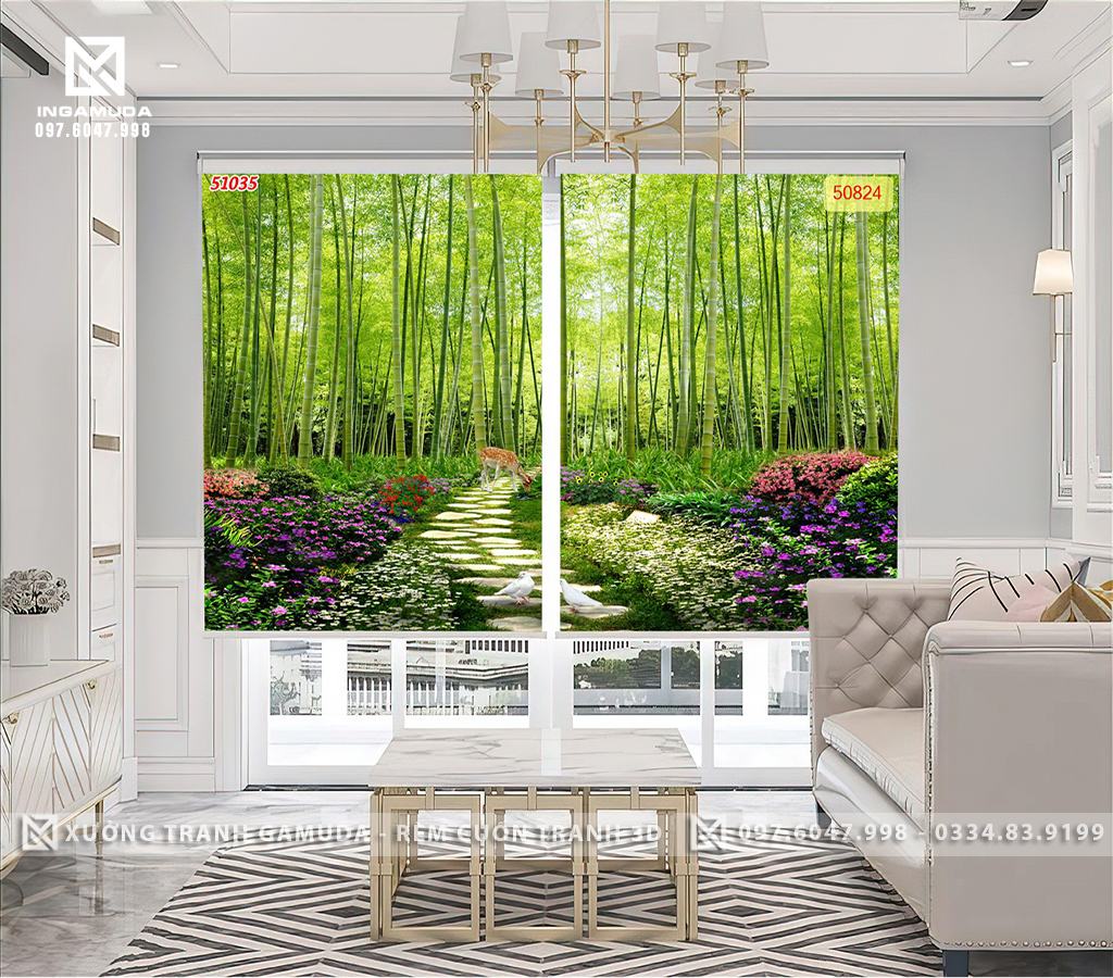 Rèm Cuốn In Tranh 3D Chia Làm 2 Tấm In Hình Hàng Trúc Con Đường Hoa Có Hươu Tài Lộc Trăm Hoa Khoe Sắc Không Gian Chiều Sâu Nhiều Mầu Sắc