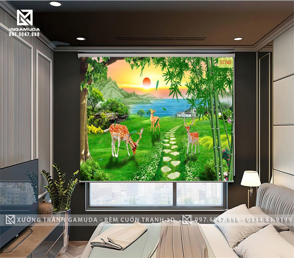 Rèm Cuốn Tranh 3D Màu Xanh Tươi Mát Có Hàng Cây Trúc Có Đàn Huơu Đang Ăn Cỏ - Xưởng Rèm Cuốn Tranh 3D Gamuda 