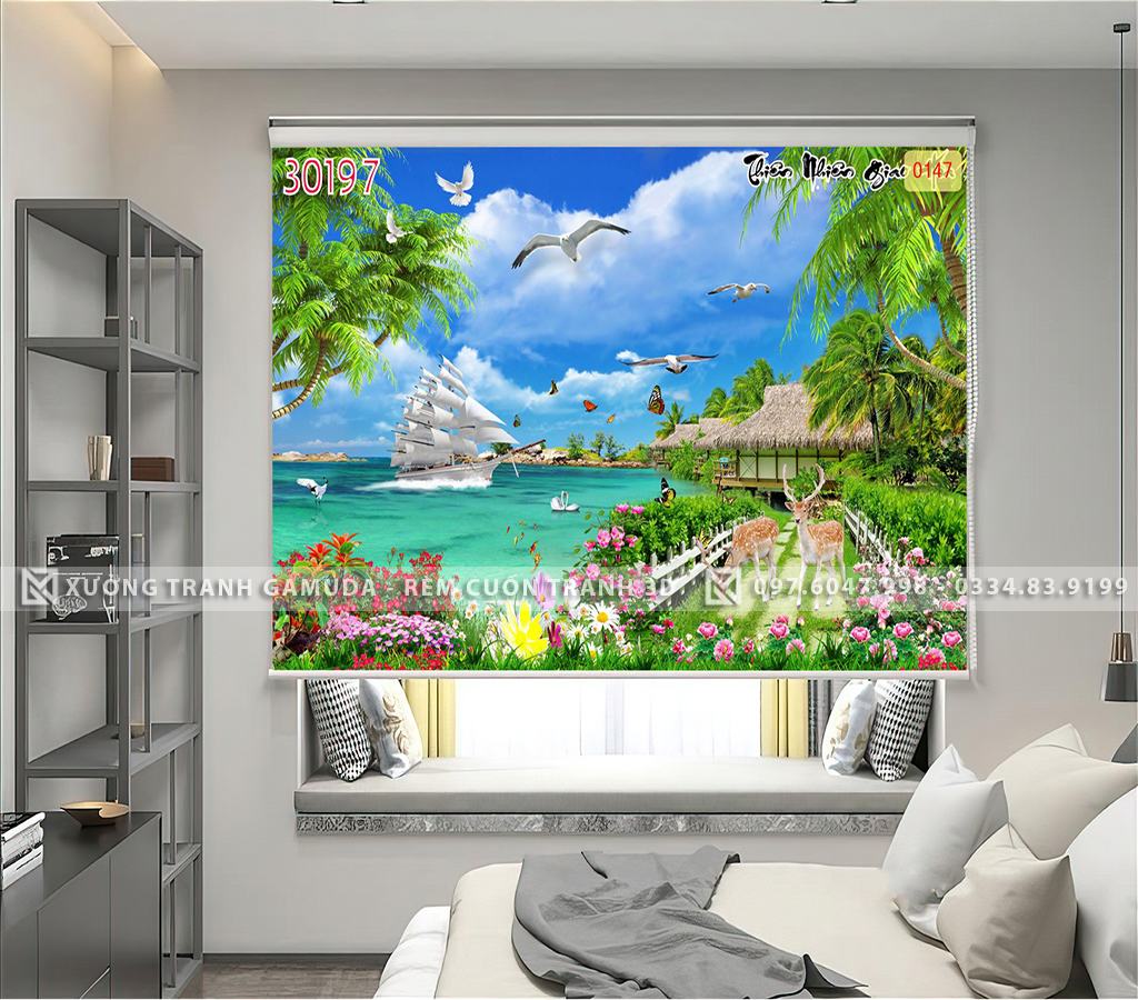 Rèm Cuốn Tranh In Họa Tiết Thuyền Và Thiên Nhiên Tuyệt Đẹp Của Đất Trời Trên Gam Màu Xanh Tươi Đẹp