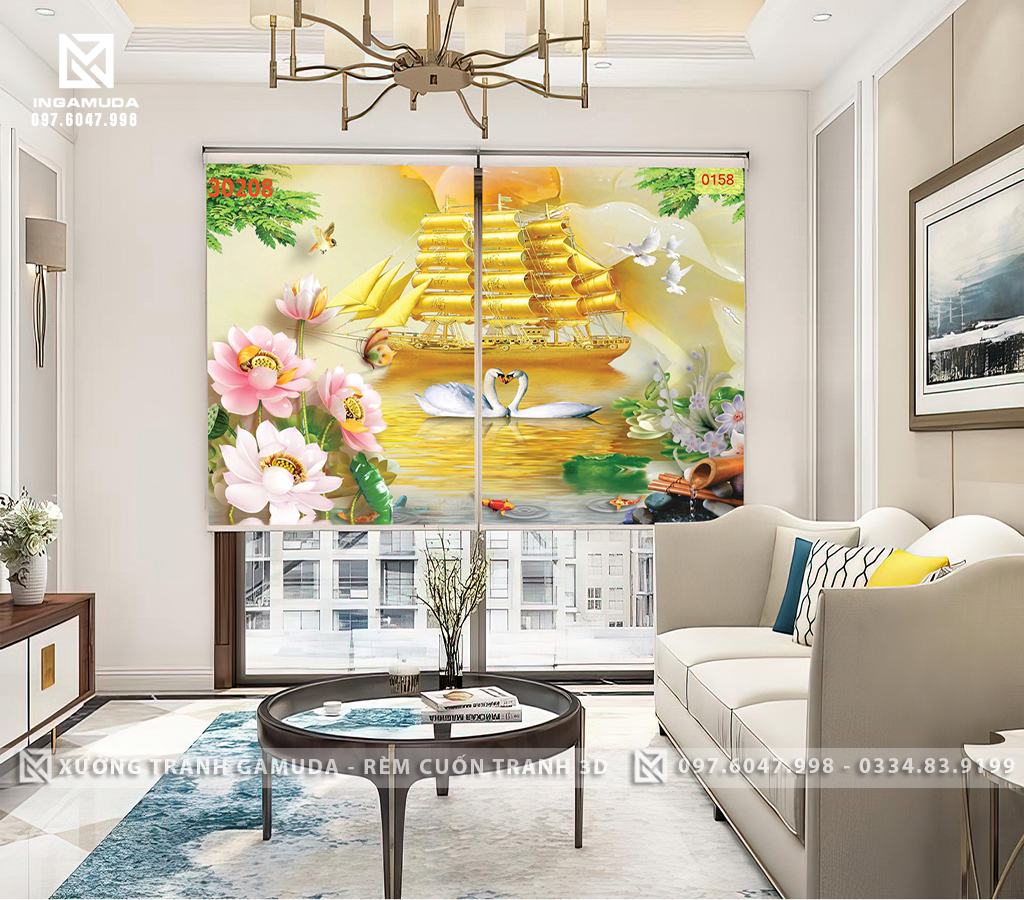 Rèm Cuốn Tranh 3D In Họa Tiết Thuyền Vàng Và Đôi Thiên Nga Biểu Tượng Cho Sự Thuận Lợi Trong Tình Yêu