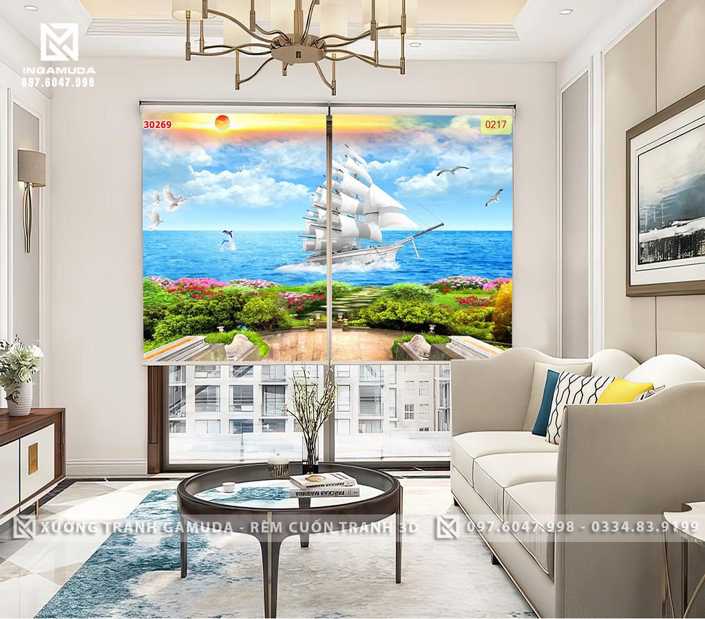 Rèm Cuốn Tranh In 3D Họa Tiết Con Thuyền Trở Đầy Tài Lộc, May Mắn Thuận Theo Chiều Gio Trở Tài Lộc