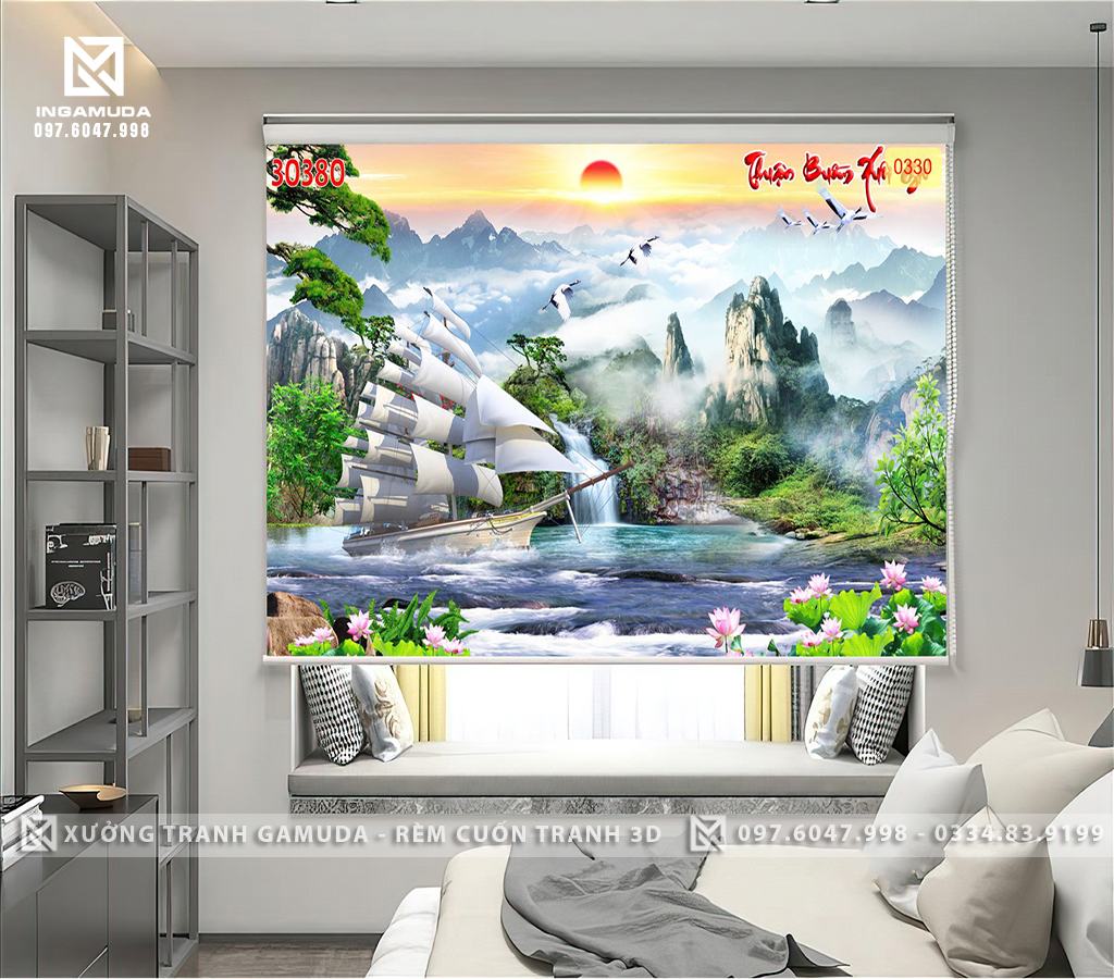 Rèm Cuốn Tranh In Họa Tiết Con Thuyền Và Núi Sông Kì Vĩ - Rèm Cản Sáng Cản Nhiệt Xưởng Rèm Gamuda