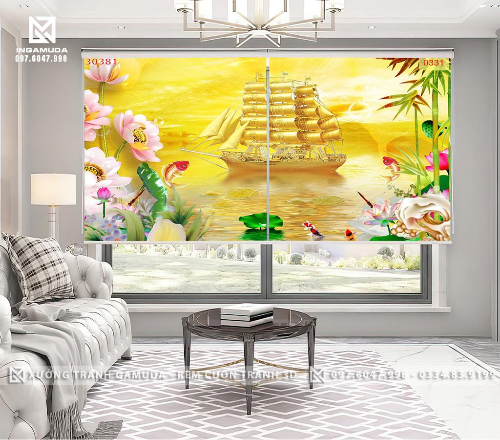 Rèm Cuốn Tranh In Họa Tiết Thuyền Trên Gam Màu Vàng Thể Hiện Sự Sang Trọng - Xưởng Rèm Gamuda Chuyên Phân Phối Cho Các Đại Lý Gía Tốt Nhất Thị Trường