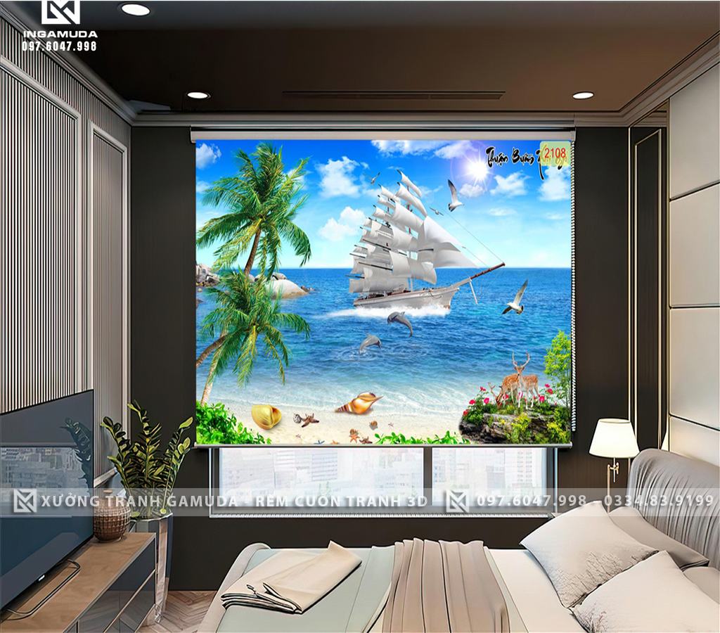 Rèm Cuốn Tranh In 3D Họa Tiết Con Thuyền Cùng Đàn Hải Âu Trên Bầu Trời Xanh
