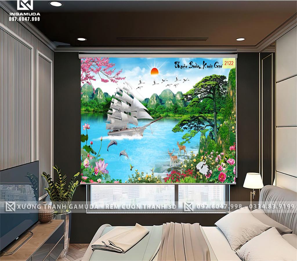 Rèm Cuốn Tranh In Họa Tiết 3D Thuận Buồm Xuôi Gio Cùng Thiên Nhiên Tươi Đẹp Trên Gam Màu Sáng Của Bầu Trời
