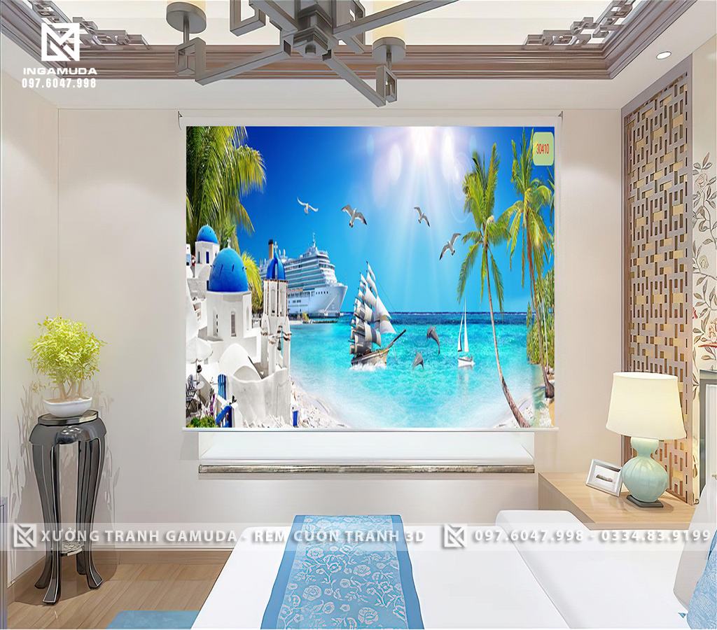 Rèm Cuốn Tranh In Họa Tiết 3D Thuyền Ra Khơi Biểu Tượng Cho Tài Lộc Và May Mắn - Rèm Cản Sáng Cản Nhiệt Xưởng Rèm Gamuda