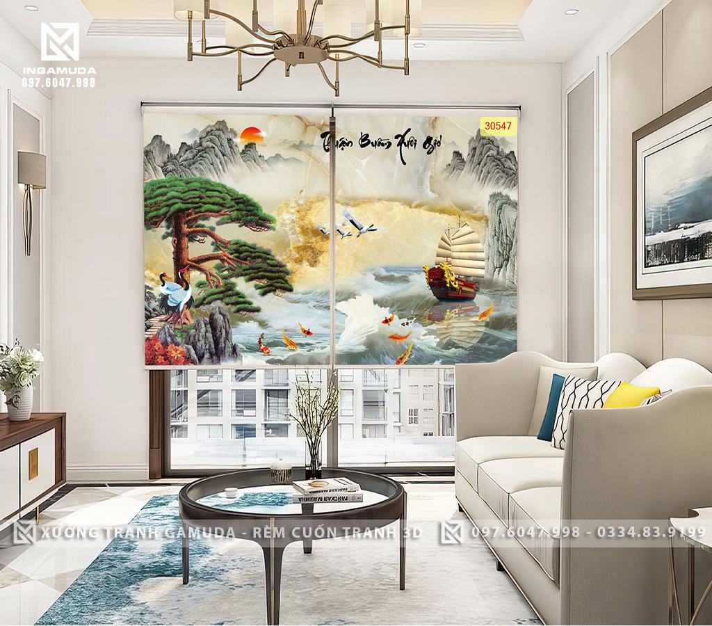 Rèm Cuốn Tranh 3D In Họa Tiết Thuận Buồm Xuôi Gio Để Cầu Mong Việc Làm Ăn Suôn Sẻ, Buôn May Bán Đắt