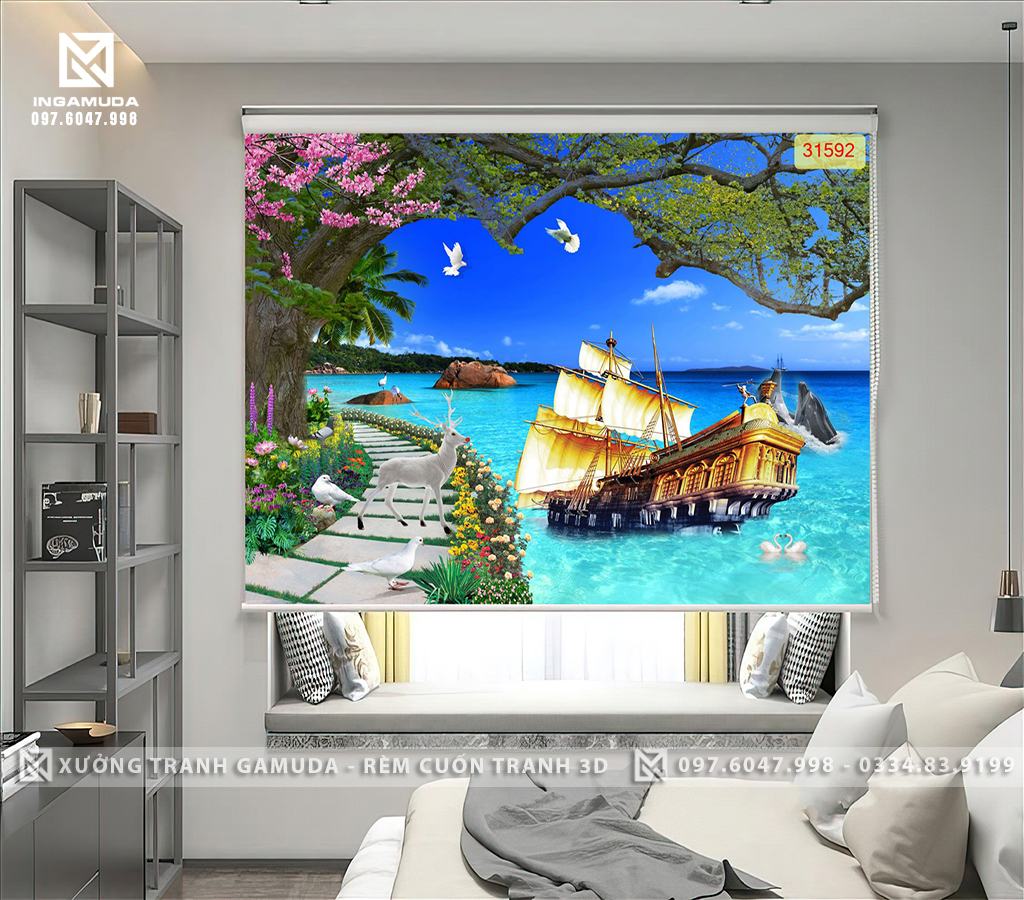 Rèm Cuốn Tranh 3D In Họa Tiết Cánh Buồm Xuôi Gio Đẹp Và Bình Yên - Rèm Cản Sáng Cản Nhiệt Xưởng Rèm Gamuda