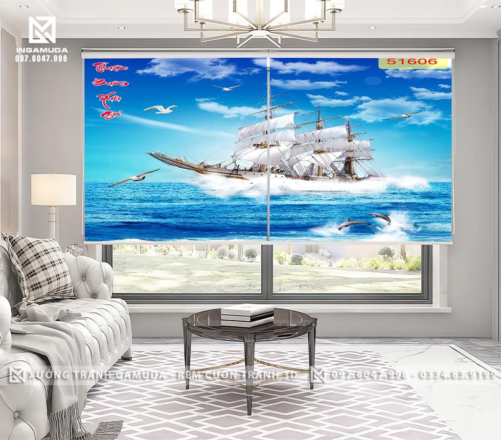 Rèm Cuốn Tranh In Họa Tiết 3D Thuyền Ra Khơi Cùng Đàn Hải Âu Trên Nền Xanh Sáng Của Đất Trời
