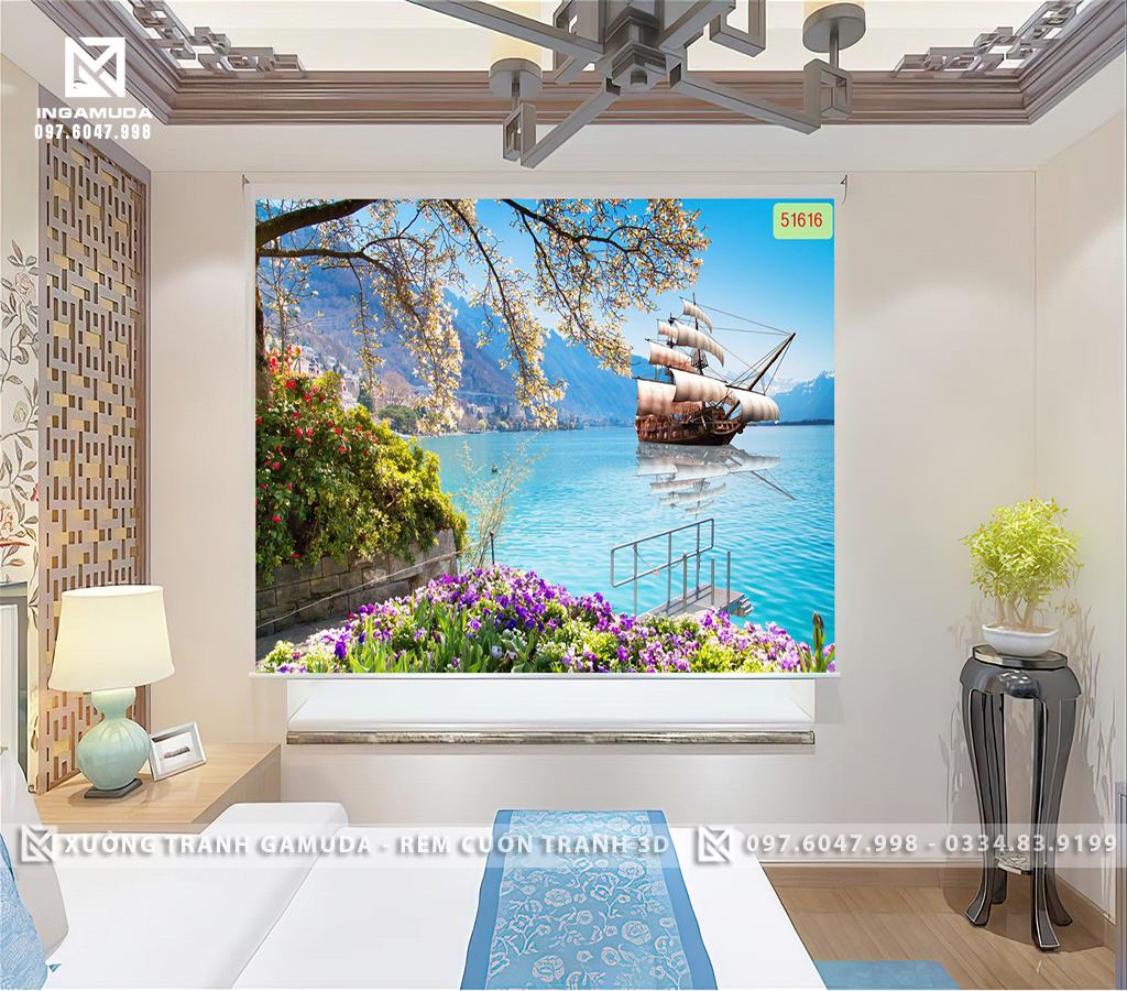 Rèm Cuốn Tranh 3D In Họa Tiết Thuận Buồm Xuôi Gio Tượng Trưng Cho Sự May Mắn Và Phát Đạt
