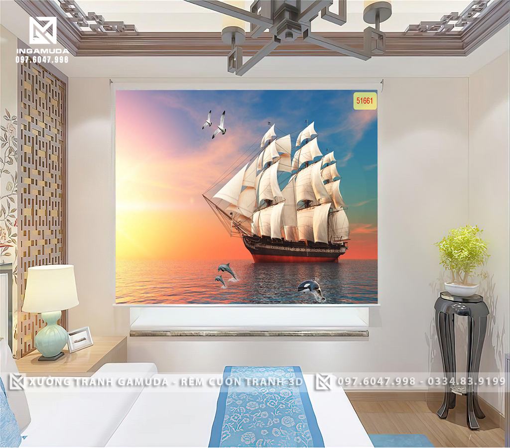 Rèm Cuốn Tranh In 3D Họa Tiết Buồm Cùng Ánh Mặt Trời Tạo Nên Gam Màu Trầm Bình Dị
