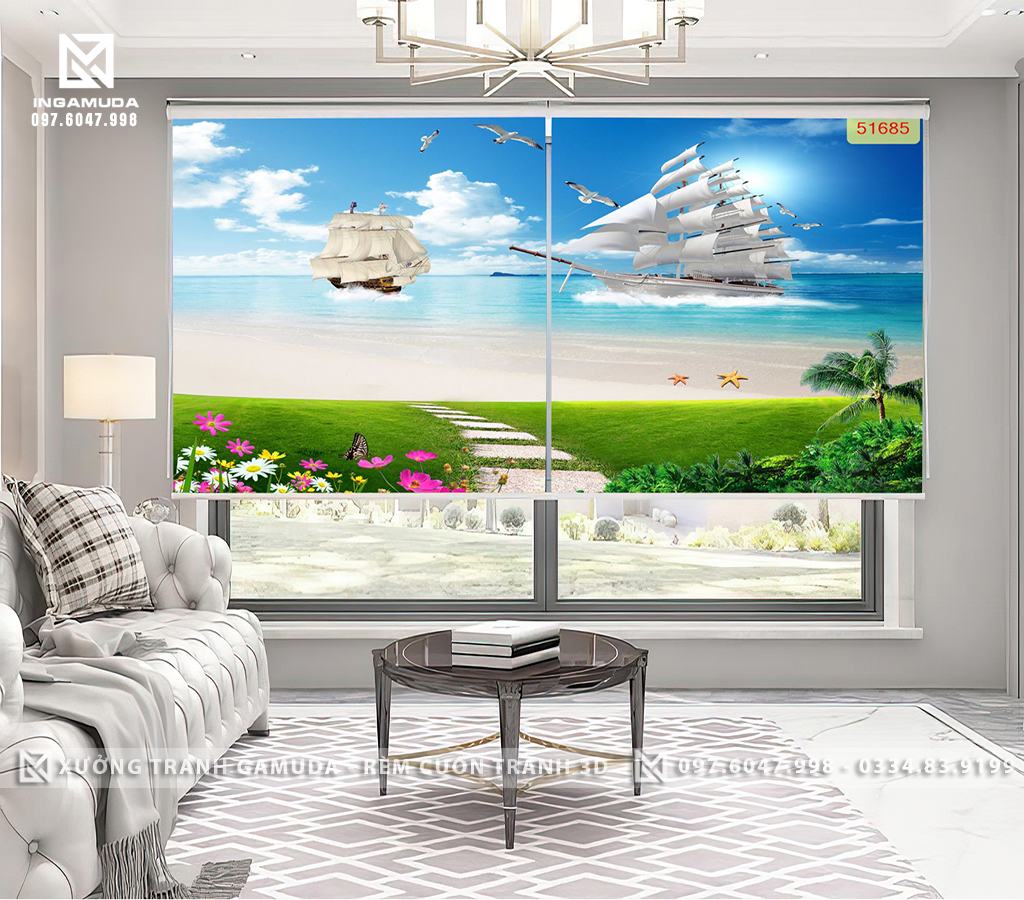 Rèm Cuốn Tranh In Họa Tiết 2 Con Thuyền Cùng Ra Khơi Cùng Cảnh Vật Tươi Sáng Của Đất Trời - Xưởng Rèm Gamuda In Ấn Và Sản Xuất Theo Đơn Đặt Hàng