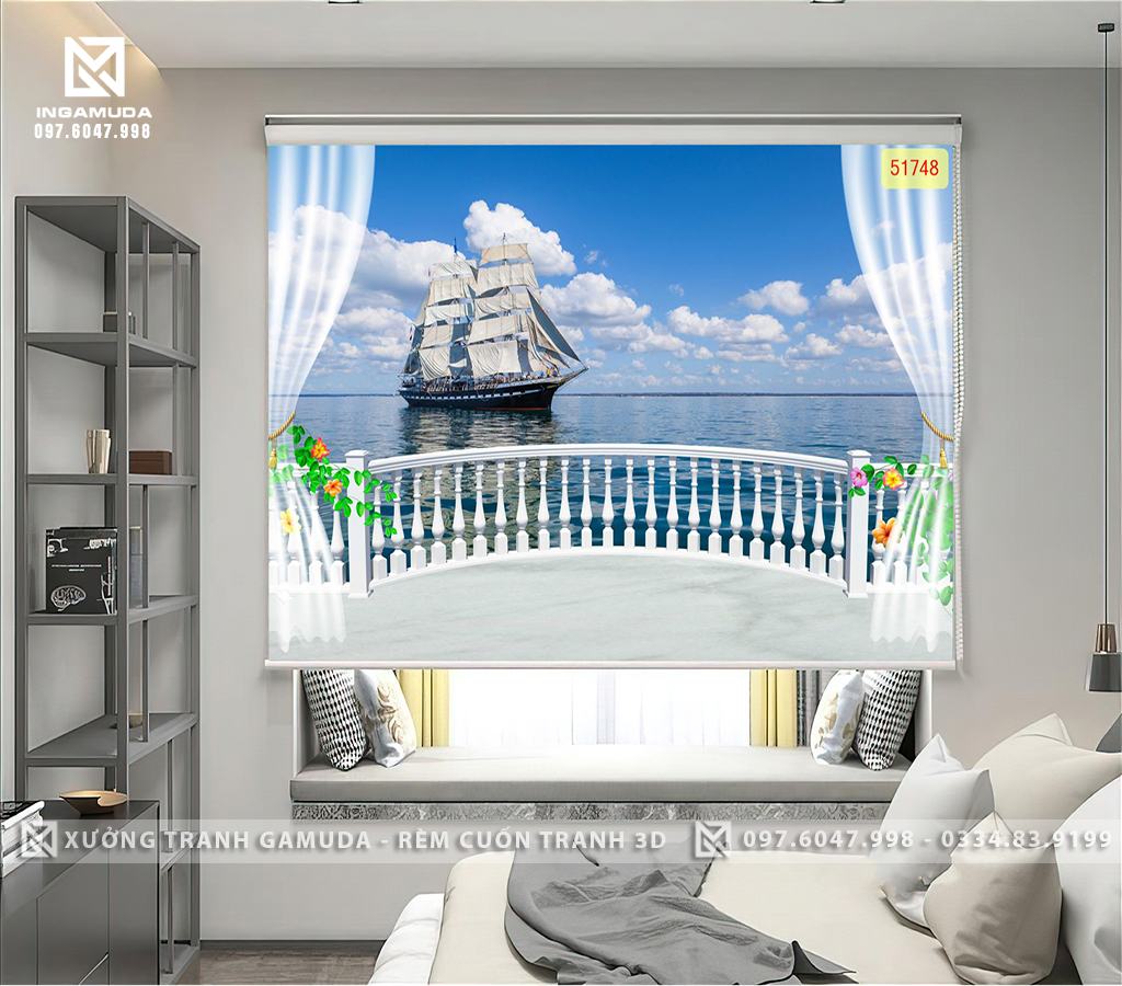 Rèm Cuốn Tranh In Họa Tiết 3D Con Thuyền Nhìn Từ Ban Công Đẹp Nhất