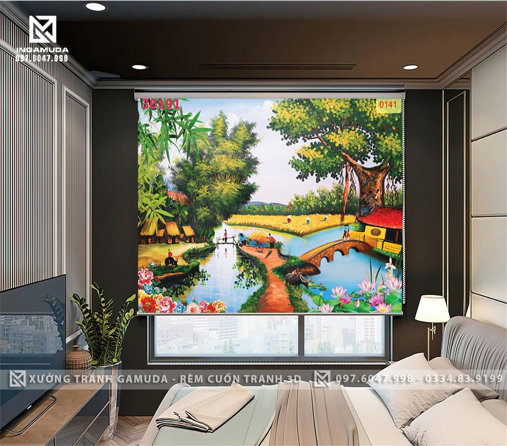Rèm Cuốn Tranh In Họa Tiết Con Sông Quê Cùng Cây Cối Và Cảnh Vật Với Sự Kết Hợp Màu Sắc Hài Hòa Mang Đậm Màu Sắc Người Nông Dân - Rèm Cản Sáng Cản Nhiệt Xưởng Rèm Gamuda