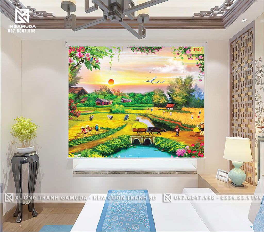 Rèm Cuốn Tranh In 3D Họa Tiết Cánh Đồng Lúa Chín Cùng Hoạt Động Gặt Hái Lúa Của Người Dân - Rèm Cản Sáng Cản Nhiệt Xưởng Rèm Gamuda