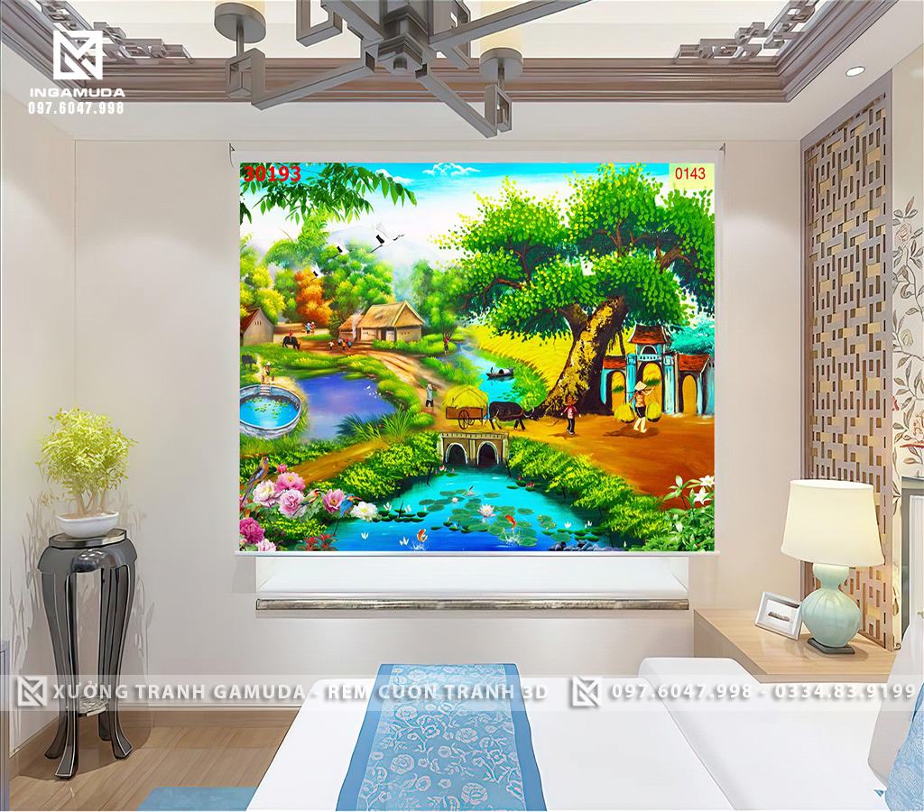 Rèm Cuốn tranh In Họa Tiết Con Sông Quê Cùng Đồng Lúa Với Công Việc Quen Thuộc Của Người Nông Dân - Xưởng Rèm Gamuda Chuyên In Ấn Và Sản Xuất Theo Đơn Đặt Hàng