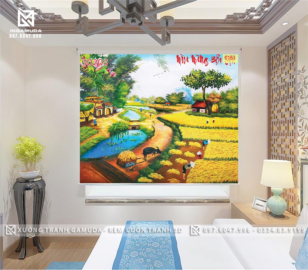 Rèm Cuốn Tranh In Họa Tiết Đời Sống Sinh Hoạt Của Con Người Gắn Liền Với Cánh Đồng Lúa