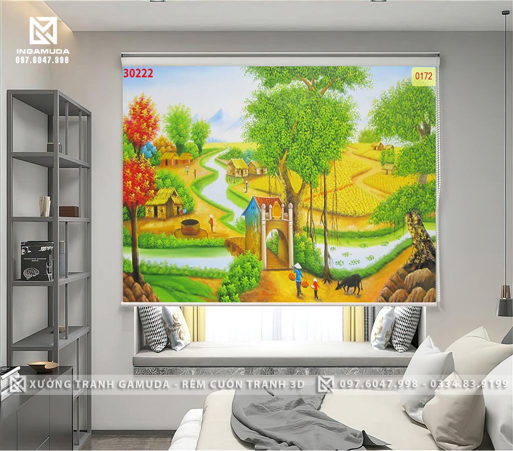 Rèm Cuốn Tranh In Họa Tiết Con Sông Quê Cùng Với Cánh Đồng Lúa Chín Gợi Lên Mùa Vụ Gặt Hái Của Người Nông Dân - Hàng Thiết Kế Tại Xưởng Rèm Gamuda