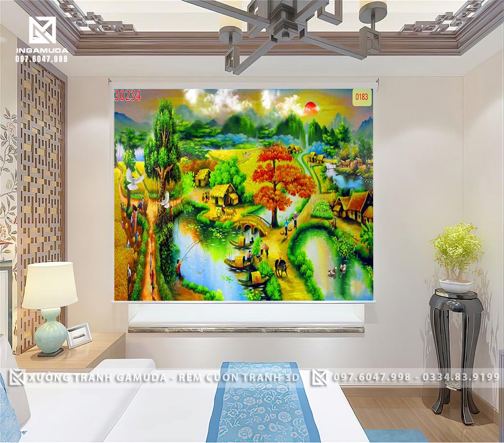 Rèm Cuốn Tranh In Họa Tiết Dòng Sông Cùng Bức Tranh Thiên Nhiên Bình Dị Trên Gam Màu Vàng Của Lúa Chín - Xưởng Rèm Gamuda In Ấn Và Sản Xuất Theo Yêu Cầu