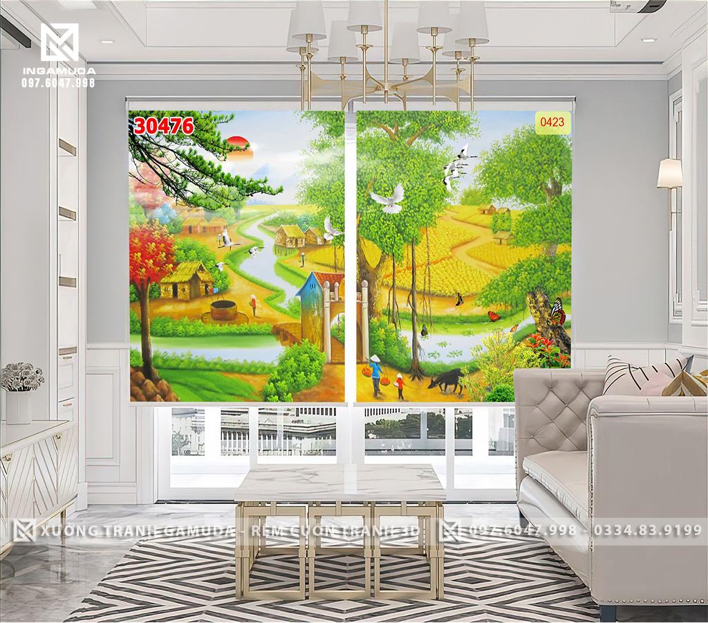 Rèm Cuốn Tranh Họa Tiết In 3D Đồng Lúa Cùng Những Ngôi Nhà , Con Người Trên Gam Màu Vàng Của Lúa Chín