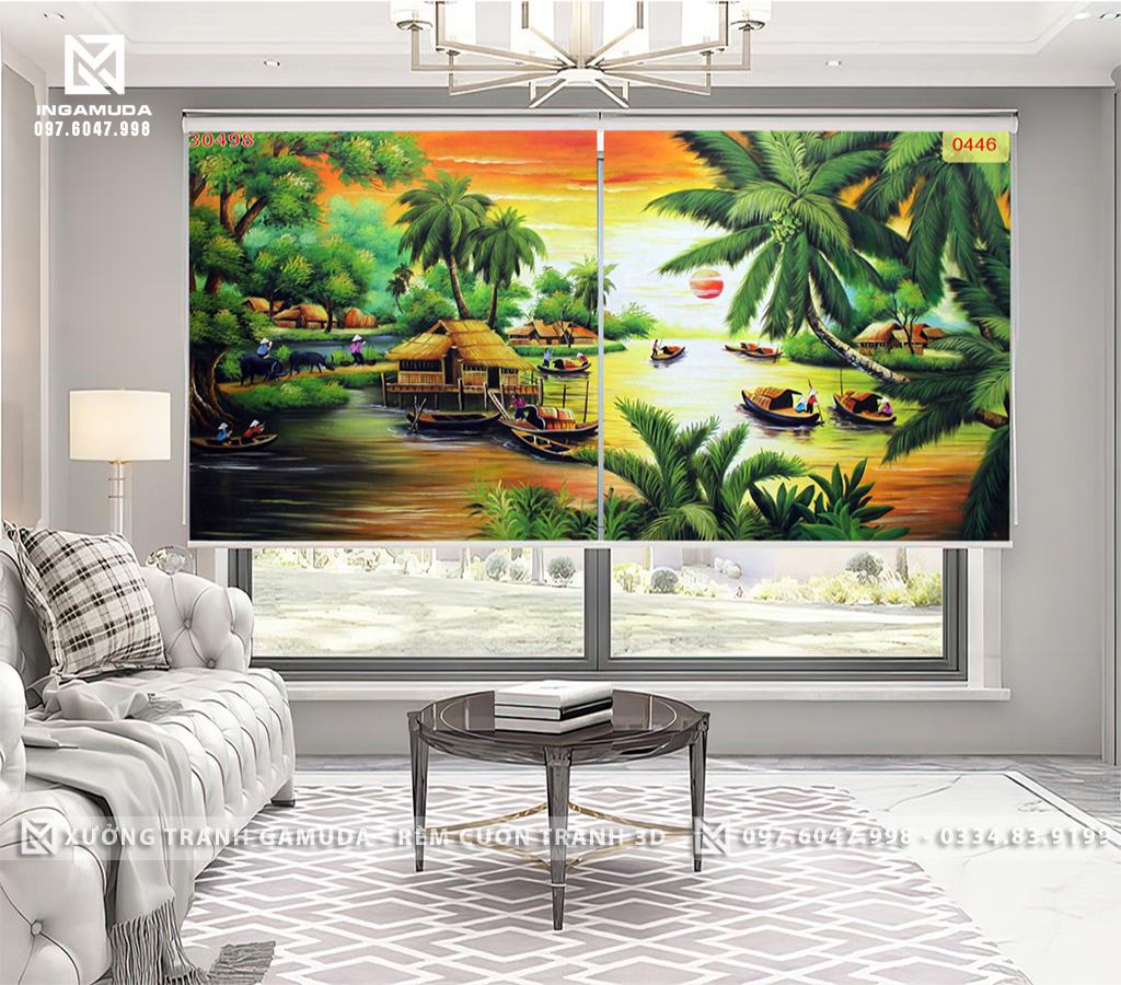 Rèm Cuốn Tranh In 3D Họa Tiết Sông Quê Cùng Hoạt Động Buôn Bán Trên Sông Mang Đến Sự Tấp Nập Cho Bức Tranh