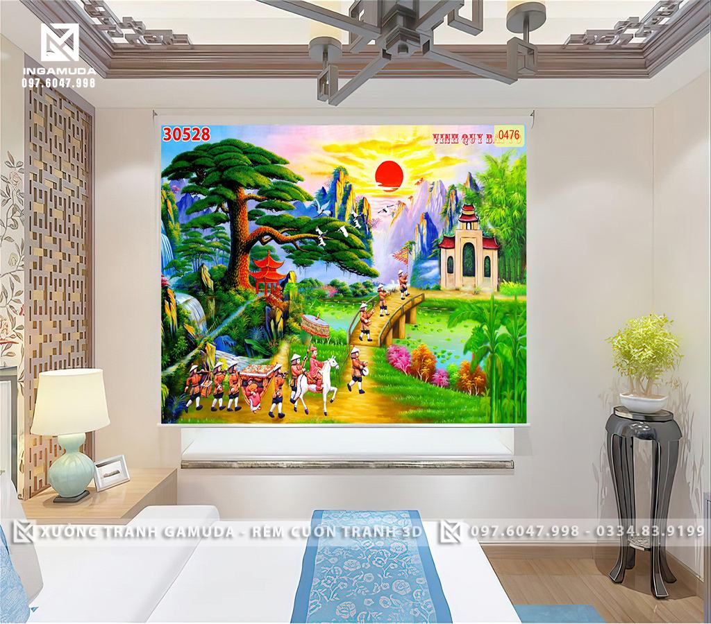 Rèm Cuốn Tranh In Họa Tiết Vinh Quy Bái Tổ Biểu Tượng Cho Sự Báo Hiếu , Uống Nước Nhớ Nguồn- Rèm Cản Sáng Cản Nhiệt Xưởng Rèm Gamuda