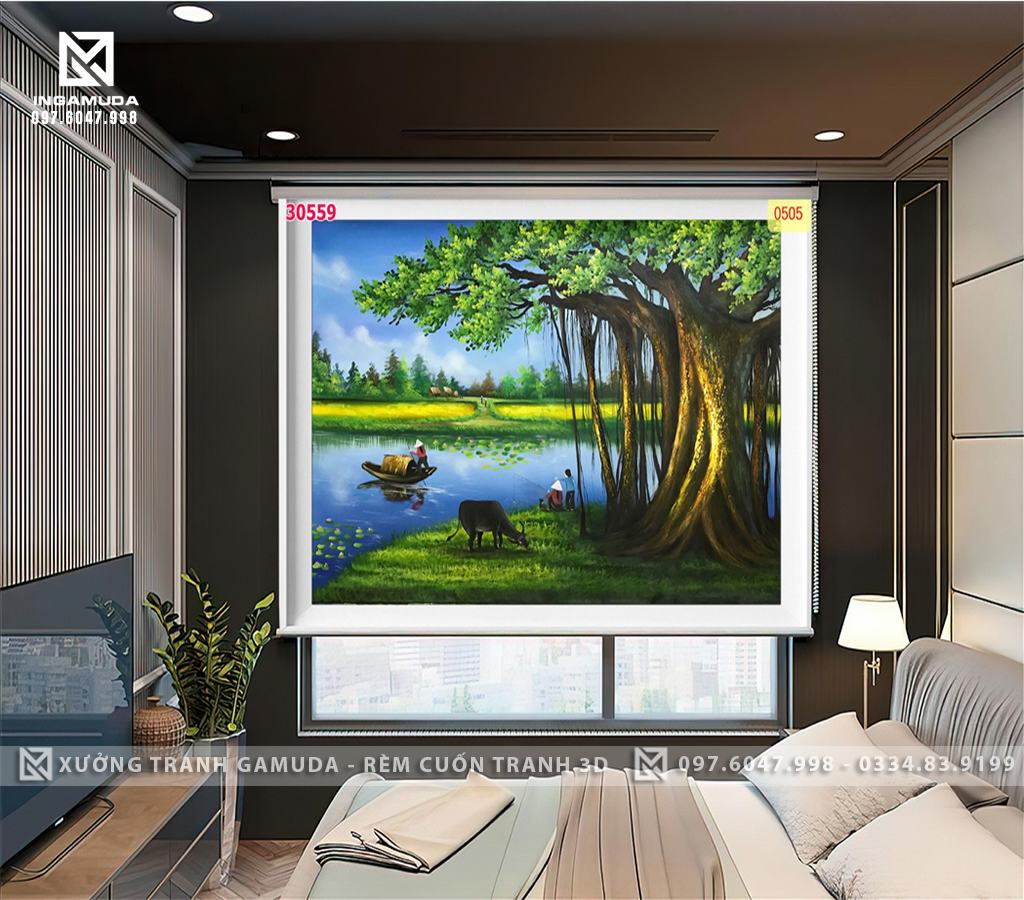 Rèm Cuốn Tranh In Họa Tiết Sông Quê Gắn Liền Với Cây Đa Và Hình Ảnh Chăn Châu Của Người Nông Dân 