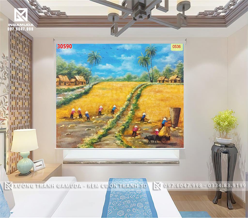 Rèm Cuốn Tranh In 3D Họa Tiết Người Dân Đang Gặt Lúa - Xưởng In Gamuda In Ấn Và Sản Xuất Theo Nhu Cầu Đặt Hàng