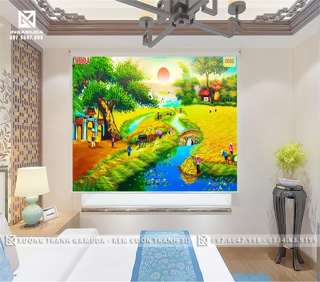 Rèm Cuốn Tranh 3D In Họa Tiết Sông Quê Nằm Giua Cánh Đồng Lúa Chín - Rèm Cản Sáng Cản Nhiệt Xưởng Rèm Gamuda