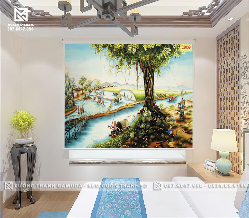 Rèm Cuốn Tranh In 3D Hình Ảnh Sông Quê Cùng Hoạt Động Chăn Trâu Gặt Lúa Của Người Dân Gợi Lên Một Bức Tranh Thiên Nhiên Bình Dị 