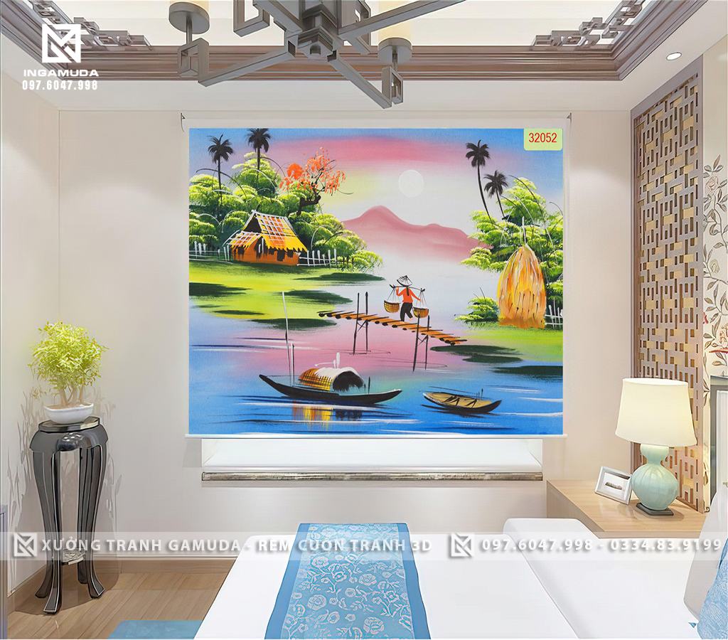 Rèm Cuốn Tranh In Họa Tiết Sông Quê Cùng Gam Màu Sáng Tại Nỗi Nhớ Cho Những Con Người Xa Xứ - Rèm Cản Sáng Cản Nhiệt Xưởng Rèm Gamuda