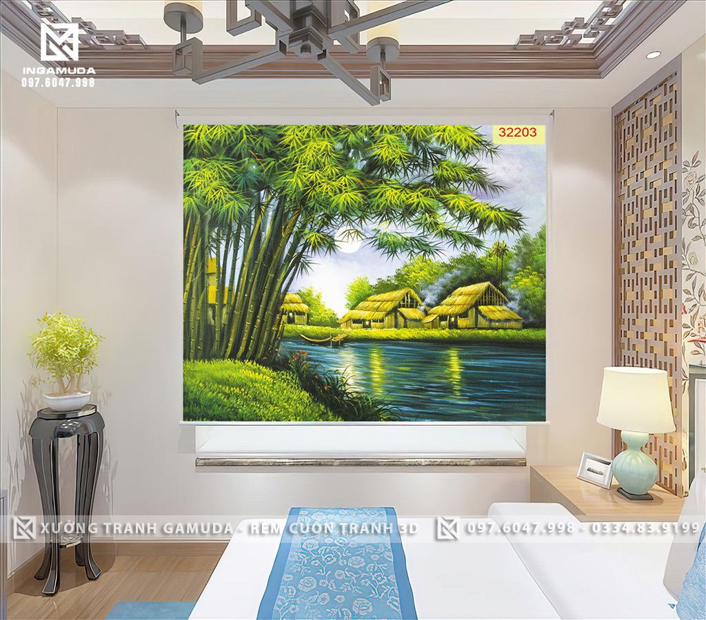 Rèm Cuốn Tranh 3D In Họa Tiết Con Sông Quê Trôi Chảy Yên Bình Cạnh Làng Quê 