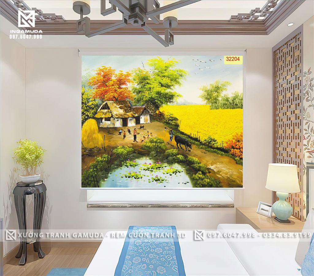 Rèm Cuốn Tranh Họa Tiết 3D In Đồng Lúa Chín Vàng Gợi Lên Cuộc Sống Ấm No Và Hạnh Phúc