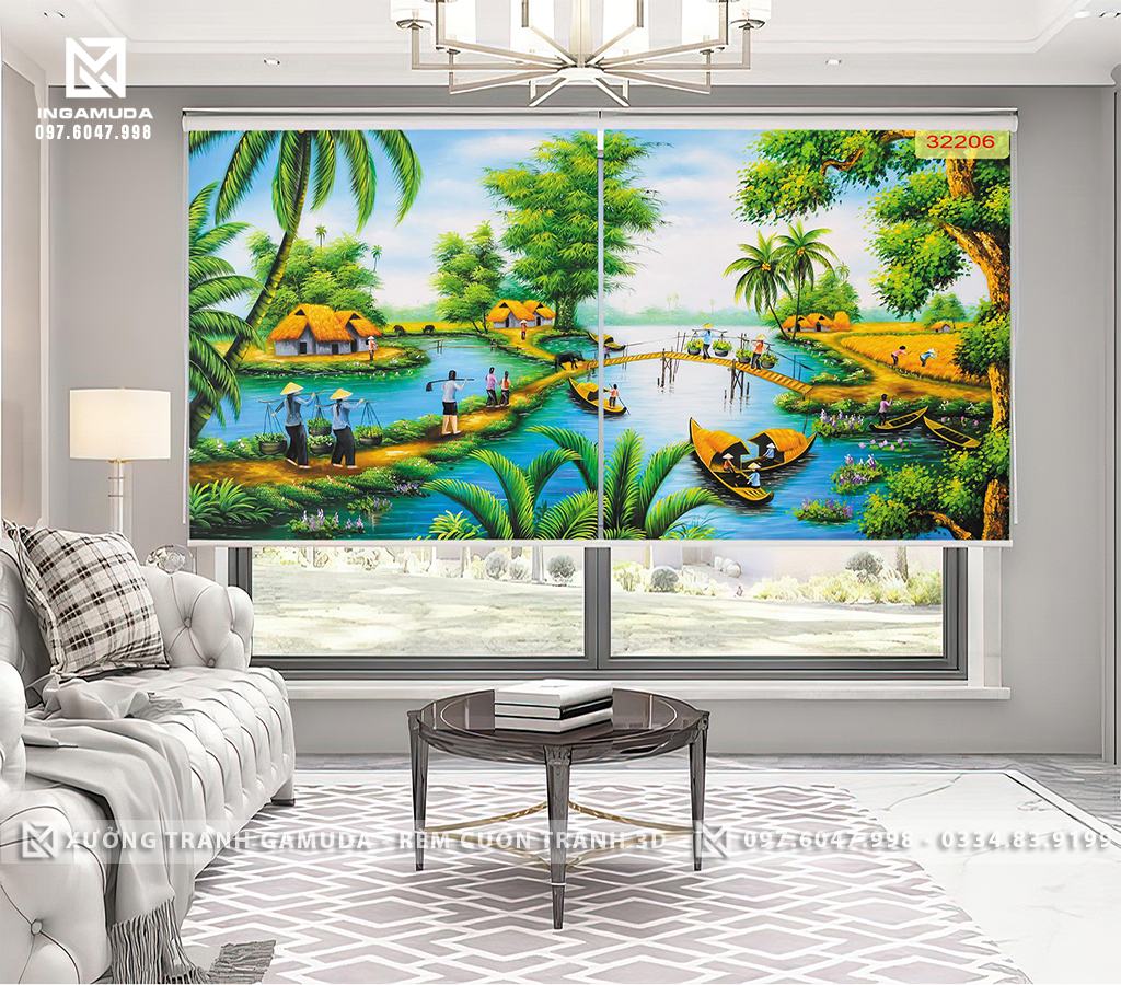 Rèm Cuốn Tranh 3D In Họa Tiết Dòng Sông Và Đồng Lúa Chín Cùng Hình Ảnh Người Dân Đi Gặt Lúa - Xưởng Rèm Gamuda In Ấn và Sản Xuất Theo Đơn Đặt Hàng