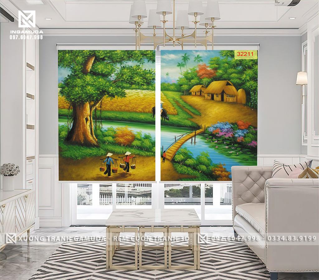 Rèm Cuốn Tranh 3D In Họa Tiết Dòng Sông Quê Cùng Cánh Đồng Lúa Chín Đẹp Nhất