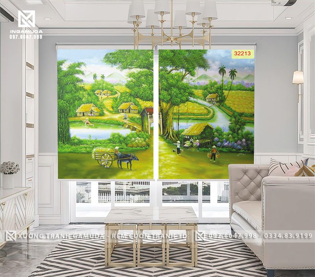 Rèm Cuốn Tranh 3D In Họa Tiết Đồng Quê Cùng Con Sông Quê Và Những Người Dân Lao Động Với Gam Màu Vàng Của Lúa Tạo Nên Bức Tranh Làng Quê Bình Dị, Hạnh Phúc