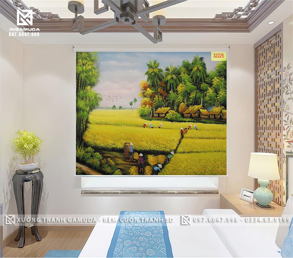 Rèm Cuốn Tranh 3D In Họa Tiết Đồng Quê Thân Thuộc Với Cánh Đồng Lúa Tạo Sự Bình Yên Cho Bức Tranh