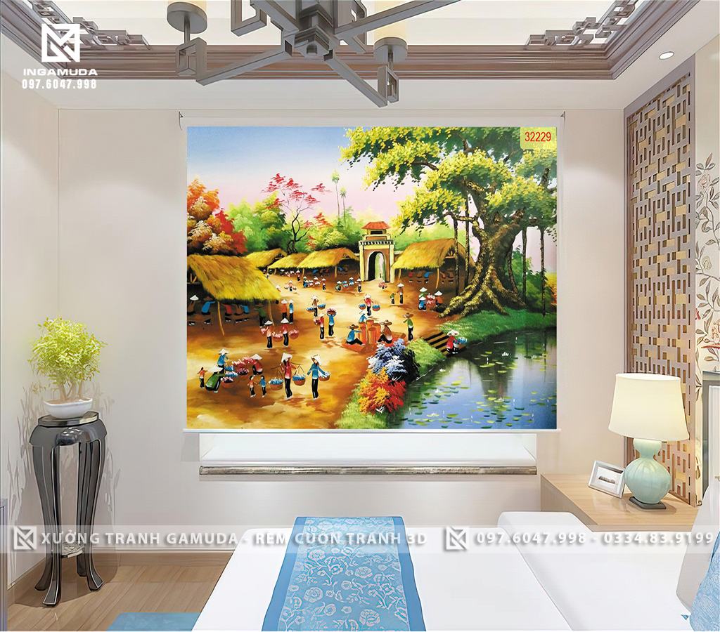 Trang trí phòng với rèm cuốn tranh con đường
