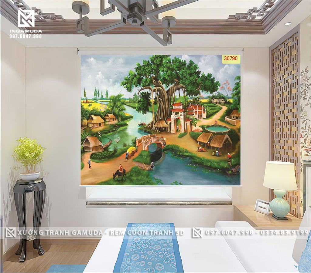 Rèm Cuốn Tranh 3D In Họa Tiết Cây Đa Giếng Nước Gợi Những Nét Bình Yên , Mộc Mạc Của Xóm Làng Trên Gam Màu Sáng Của Bầu Trời Xanh
