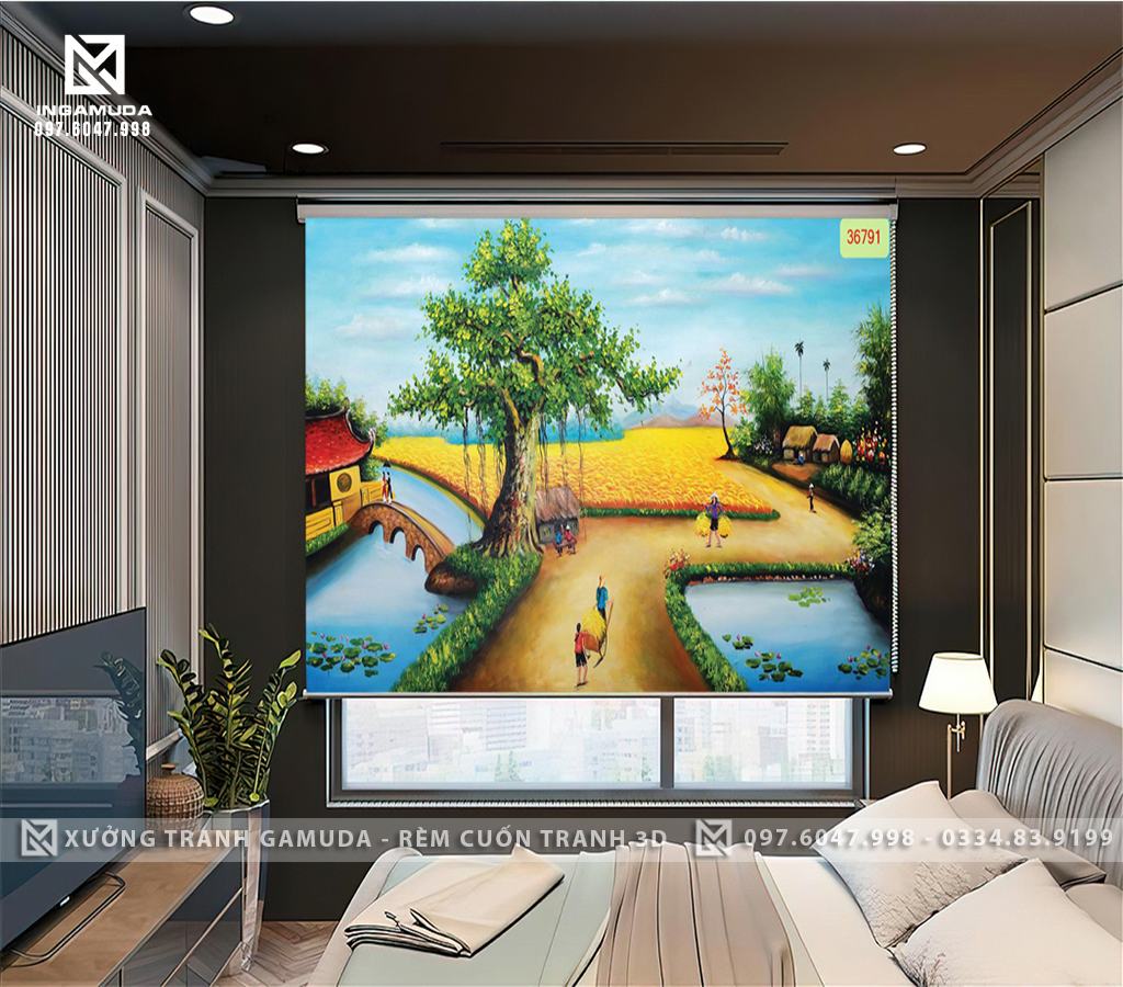 Rèm cuốn tranh phong cảnh đồng quê tạo cảm giác gần gũi với cuộc sống