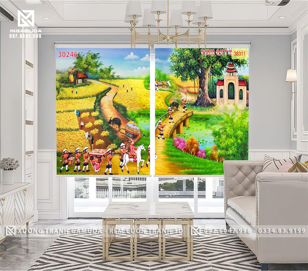 Rèm Cuốn Tranh In Họa Tiết Đoàn Người Trở Về Quê Hương Khi Đã Lập Được Công Danh, Sự Nghiệp - Xưởng Rèm Gamuda In Ấn Và Sản Xuất Theo Đơn Đặt Hàng