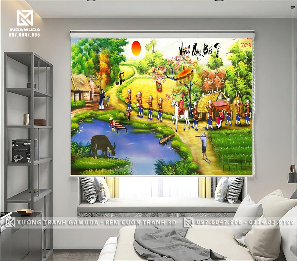 Rèm Cuốn Tranh 3D In Họa TiếT Trạng Nguyên Trở Về Quê Hương Khi Đã Lập Được Công Danh Cùng Đoàn Người Đi Theo Sau