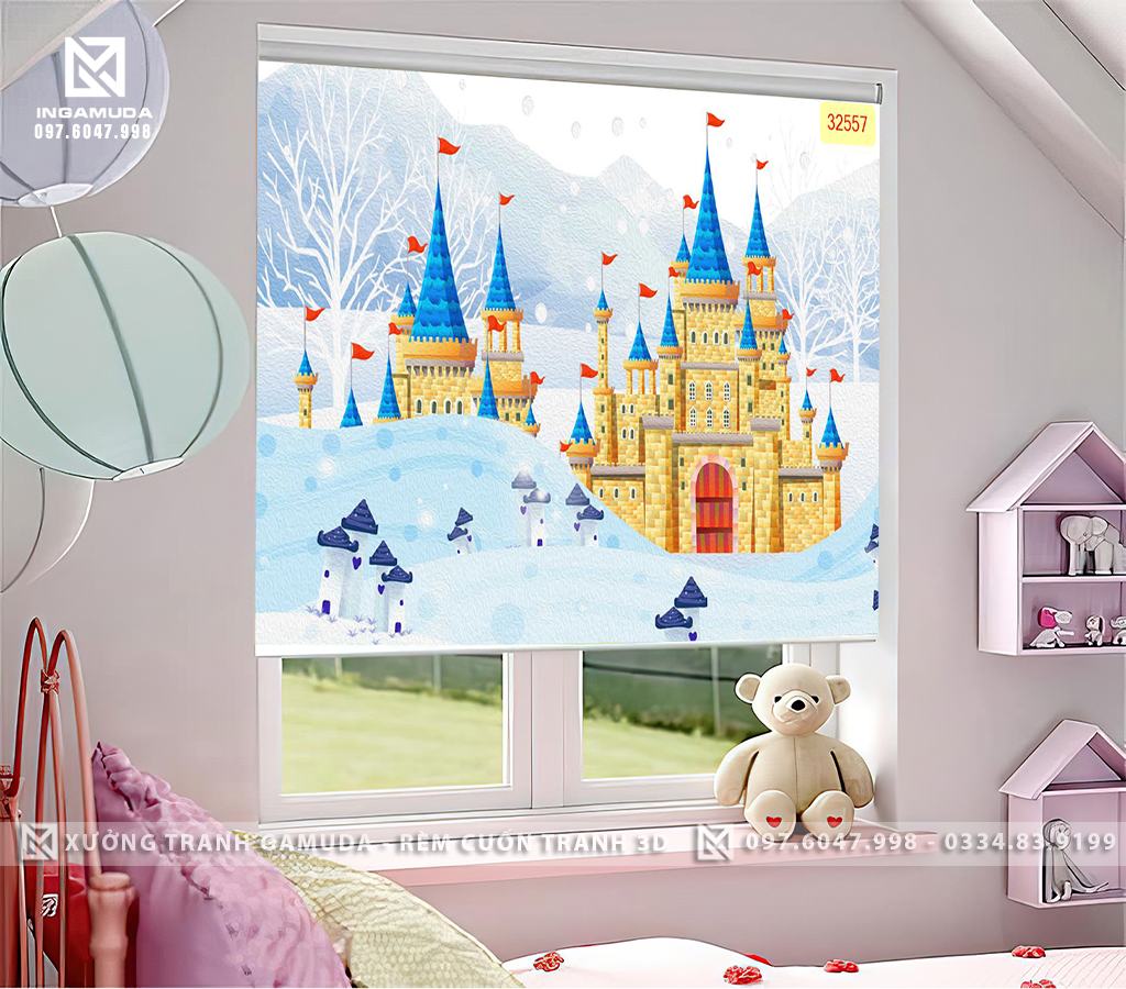 Rèm cuốn in hình lâu đài cố tích cho công chúa cô gái đáng yêu cho phòng ngủ bé gái
